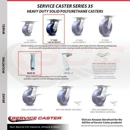 Service Caster 5 Inch Solid Poly Caster Set with Ball Bearing 2 Swivel Lock and 2 Rigid SCC SCC-35S520-SPUB-BSL-2-R-2